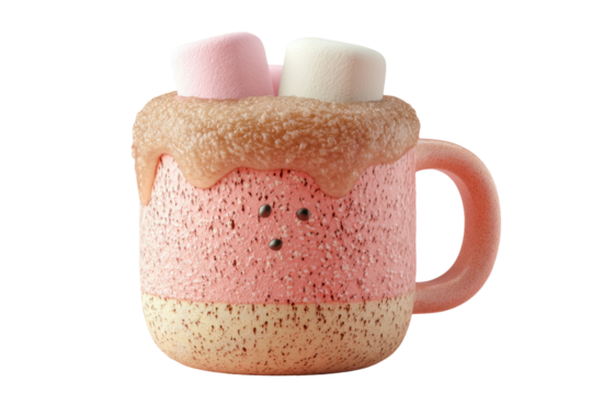 Whimsical pink mug with marshmallows and textured design on a sleek transparent background