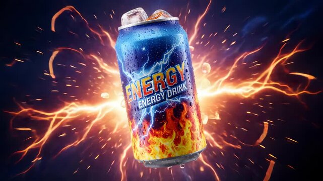 Vibrant Energy Drink Can with Ice against Radiant Sparks and Lightning Bold Background