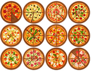Rustic Pizza Variations on Wooden Boards, Hand-Drawn Vector Style isolated on Transparent Background.