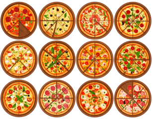 Rustic Pizza Variations on Wooden Boards, Hand-Drawn Vector Style isolated on Transparent Background.