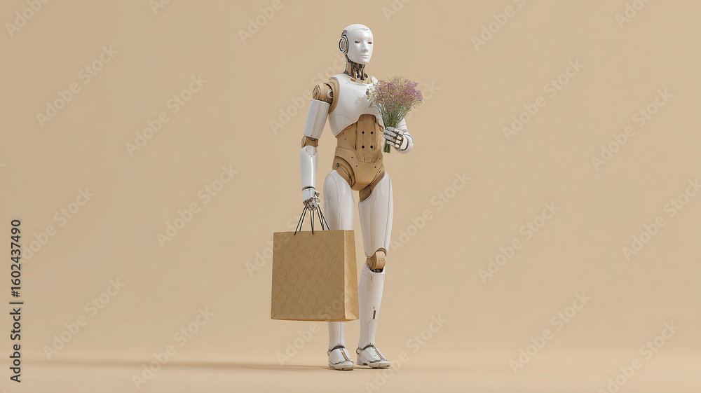 Aufkleber this robot with a bag and flowers in a plain background demonstrates autonomous delivery.