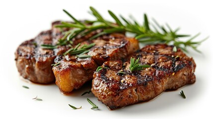 A Grill pork chops steaks on white background, Kitchen environment, Chef preparing food, Cooking, BBQ meat, Preparing cooking.