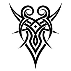 Black and white Neo tribal wings tattoo design Y2k style, cyberpunk retro futuristic tattoo style pattern, tribal tattoo design with wings  heraldic, shield, pattern, wing, head, on white background.