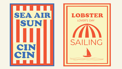 Retro beach and sailing posters with bold text and graphics