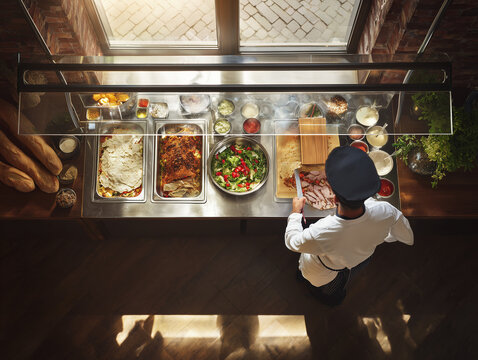 Chef preparing food in restaurant kitchen with various ingredients