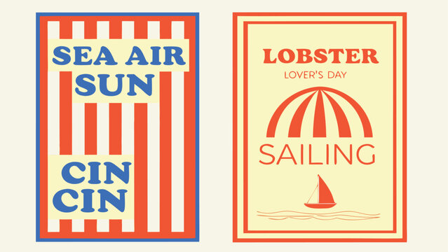 Retro beach and sailing posters with bold text and graphics