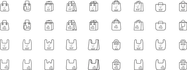 Eco Bag Icon Set &ndash; Reusable Tote, Shopping Bags, Sustainable Packaging, Recycling Symbols, Zero Waste Outlines, Thin Line Vector Pack with Transparent Background