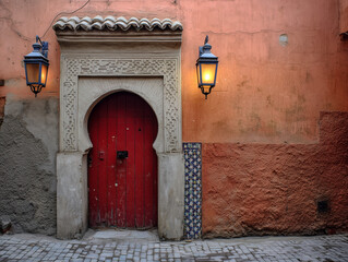 Red wooden door and lanterns illuminating traditional moroccan architecture