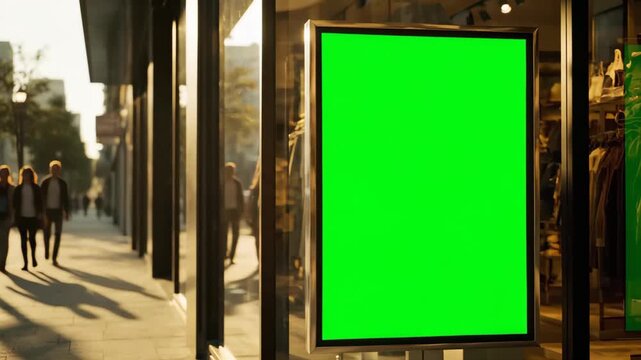 A Vertical Digital Advertising Screen with a Green Screen Positioned at the Entrance of a Modern Clothing Store, Ideal for Retail and Fashion Mockups.