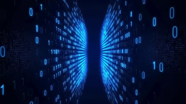Digital tunnel with glowing blue binary code on dark background