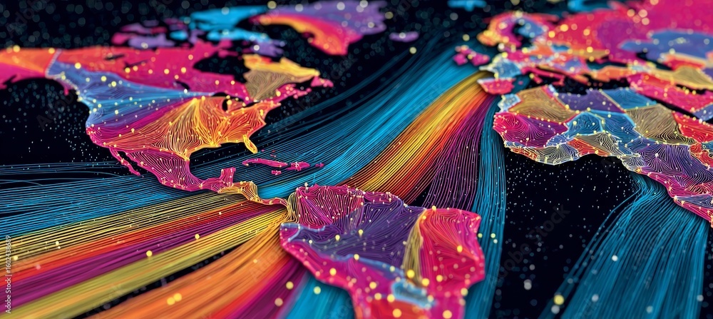 Poster vibrant abstract lines creating a dynamic global connectivity map with colorful earth illustrations