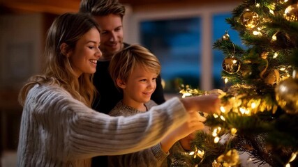 A family decorates a Christmas tree together, sharing joyful moments of holiday cheer and festive warmth. It evokes the spirit of togetherness - Powered by Adobe