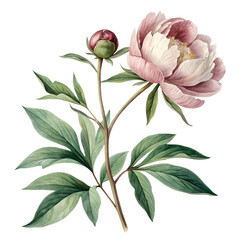 Elegant Watercolor Peony Flower Illustration with Bud on Transparent Background