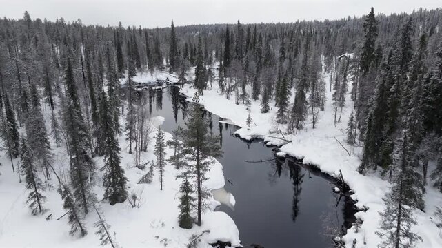 Aerial, low altitude, following a river surrounded by snowy forest