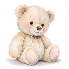 Watercolor Teddy Bear Illustration with Pink Bow on Transparent Background