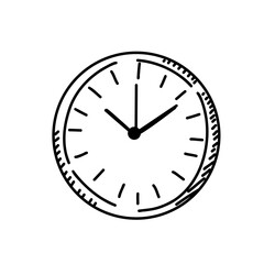This artwork features a minimalist clock design in black and white, showcasing round shape, clear hour markers, and distinct hands indicating time.