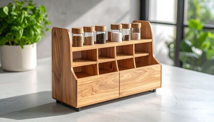 Organizing Spices with a Wooden Rack on a Kitchen Counter