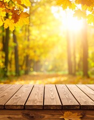 Warm wooden table with naturally scattered green leaves, soft focus forest background, and a central empty space for product display, evoking autumn, nature, and rustic charm