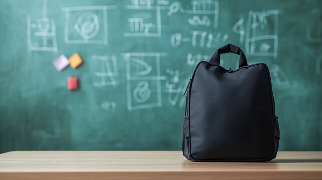 Black backpack resting on a wooden desk in a classroom with a green chalkboard featuring chalk drawings and equations, symbolizing back to school and education