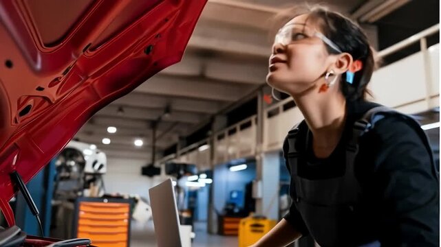 A female mechanic in safety glasses and overalls uses a laptop to diagnose a car engine with the hood open, showcasing modern vehicle maintenance in a professional garage