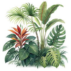 Watercolor Tropical Plants and Leaves Illustration on Transparent Background