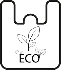 Eco shopping bag with thin outline design, leaf emblem and strong handles for reusable concept with transparent background