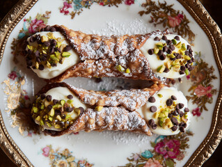 Two delicious homemade cannoli with pistachios and chocolate chips resting on an elegant plate