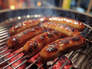 炭火でジューシーに焼かれるソーセージ