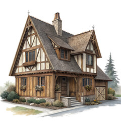 Charming Tudor Style House Illustration with Transparent Background on transparent background