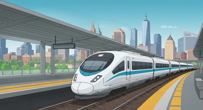 Sleek, futuristic high-speed train waits at a modern station platform, city skyline in the distance