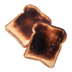 Two slices of burnt toast overlapping on transparent background