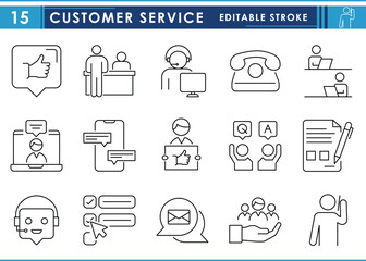 A set of line icons related to Customer Service. Customer, care, feedback, ask, questions, support, call, internet, live chat, and so on. Vector editable stroke.