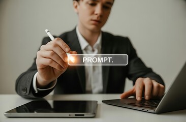 Person in suit holding stylus touching digital prompt button on screen male business