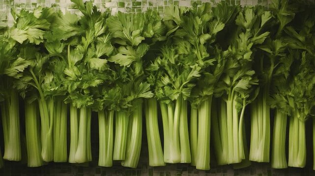 Close-up of fresh celery stalks with vibrant green leaves
