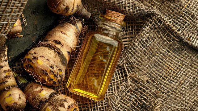sugar beet essential oil on the background of burlap top view