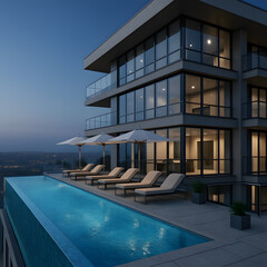 Modern Luxury Apartment with Rooftop Infinity Pool and Lounge Chairs at Sunset