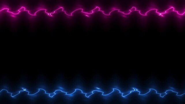 Neon fading and fading glowing wavy blue pink perpendicular horizontal long lines frame on black background. Small patterns, teeth, ruffles. Space for your own content.