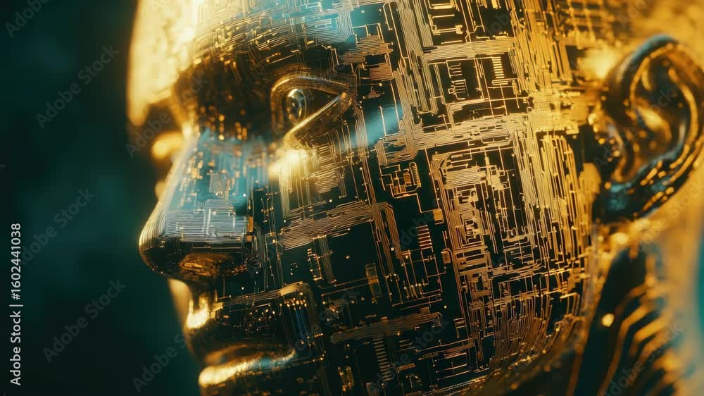 Poster futuristic cyborg face with circuit patterns, highlighting advanced technology and cybernetic enhanc