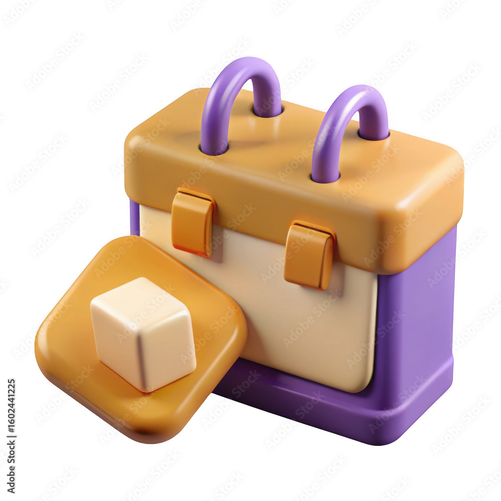 Poster 3d cartoon toolbox with cube isolated on transparent background