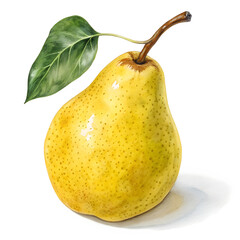 Watercolor illustration of a yellow pear with leaf on transparent background