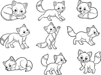 Cute Fox Cartoon Vector Set in Black and White Poses for Coloring Book and Kids Design .