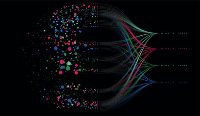 Colorful data points connected by lines on a black background.