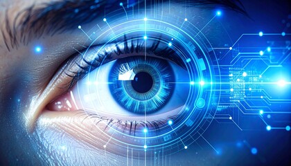 A close-up of a human eye with a futuristic digital interface overlay, showcasing biometric scanning technology and cyber elements, highlighting innovation in AI and security systems.