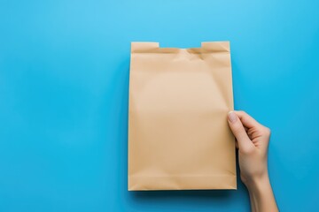 Hand holding a blank kraft paper bag mockup on a blue background, top view. Flat lay with female hands. Mock-up template for design presentation