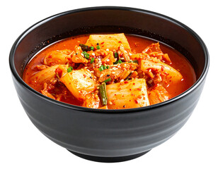 A bowl of kimchi jjigae (kimchi stew) Isolated on Transparent or White Background.