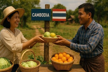Farmers exchanging fresh produce at a local market in Cambodia.