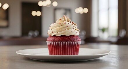 Red velvet cupcake with cream frosting in cafe