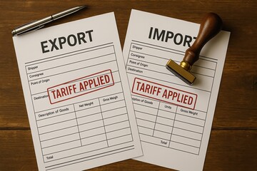 Exports and imports paperwork with tariff stamp on wooden desk.