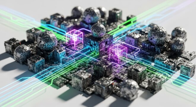Abstract circuit board with glowing cubes and metallic spheres