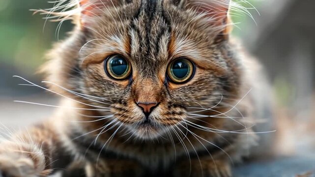 Majestic Feline Stare: A close-up portrait captures a captivating cat with mesmerizing eyes, showcasing its intricate fur pattern and whisker details.